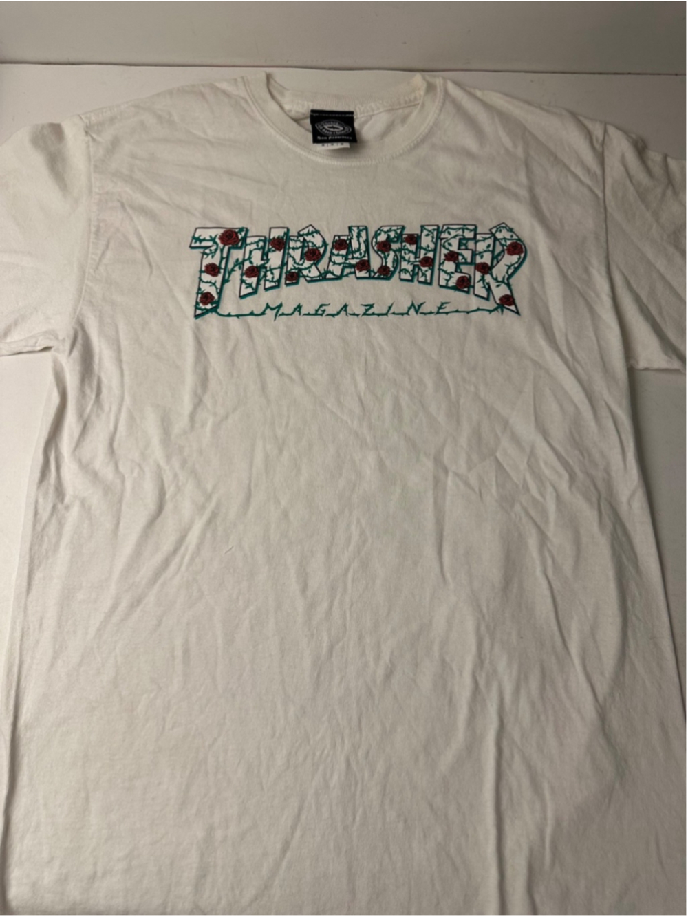 Thrasher Magazine T Shirt Mens Medium White Floral Rose Logo Skateboards Tee